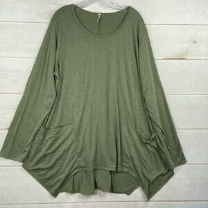 Goo Yoo Tunic Top Womens 2X Green Asymmetrical Pockets Long Sleeve Stretch
